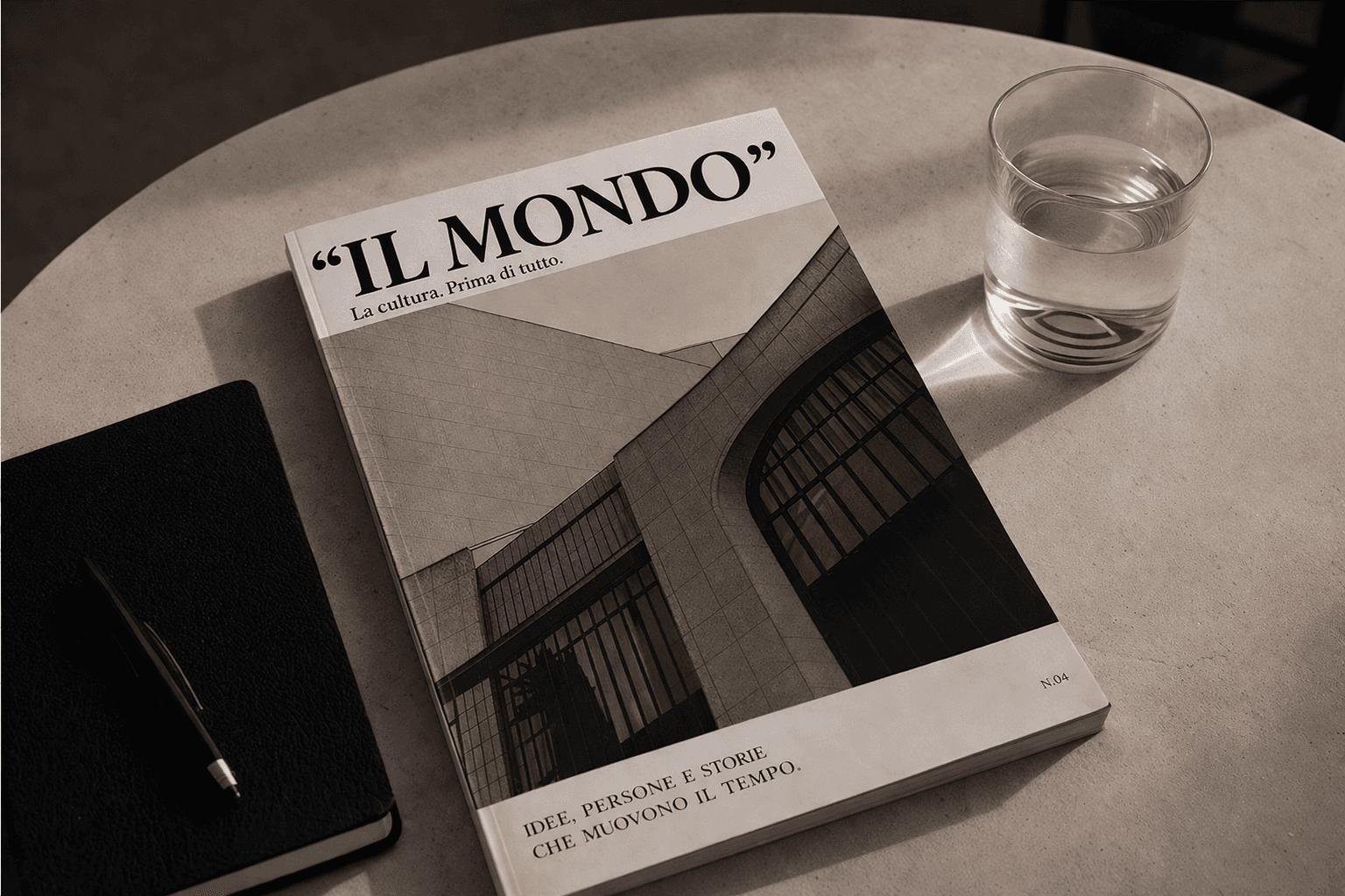 Rivista "Il Mondo" su un tavolo con taccuino, penna e bicchiere d'acqua in luce calda.