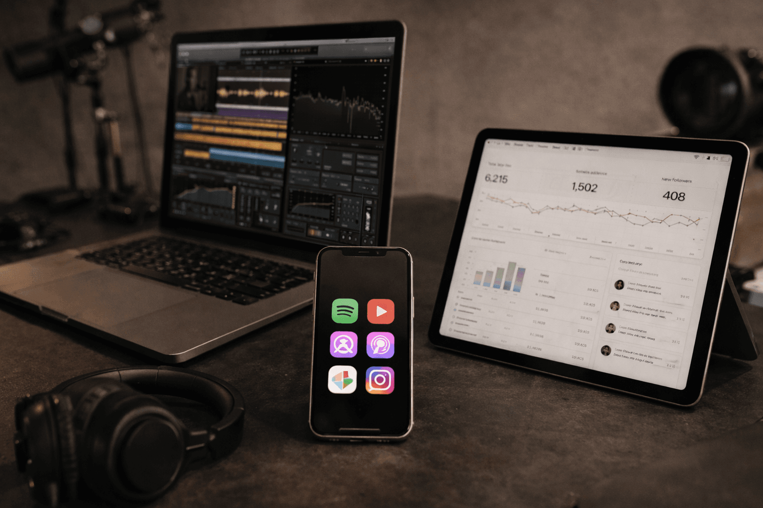 Laptop, tablet e smartphone con app di editing e analisi dati su una scrivania.