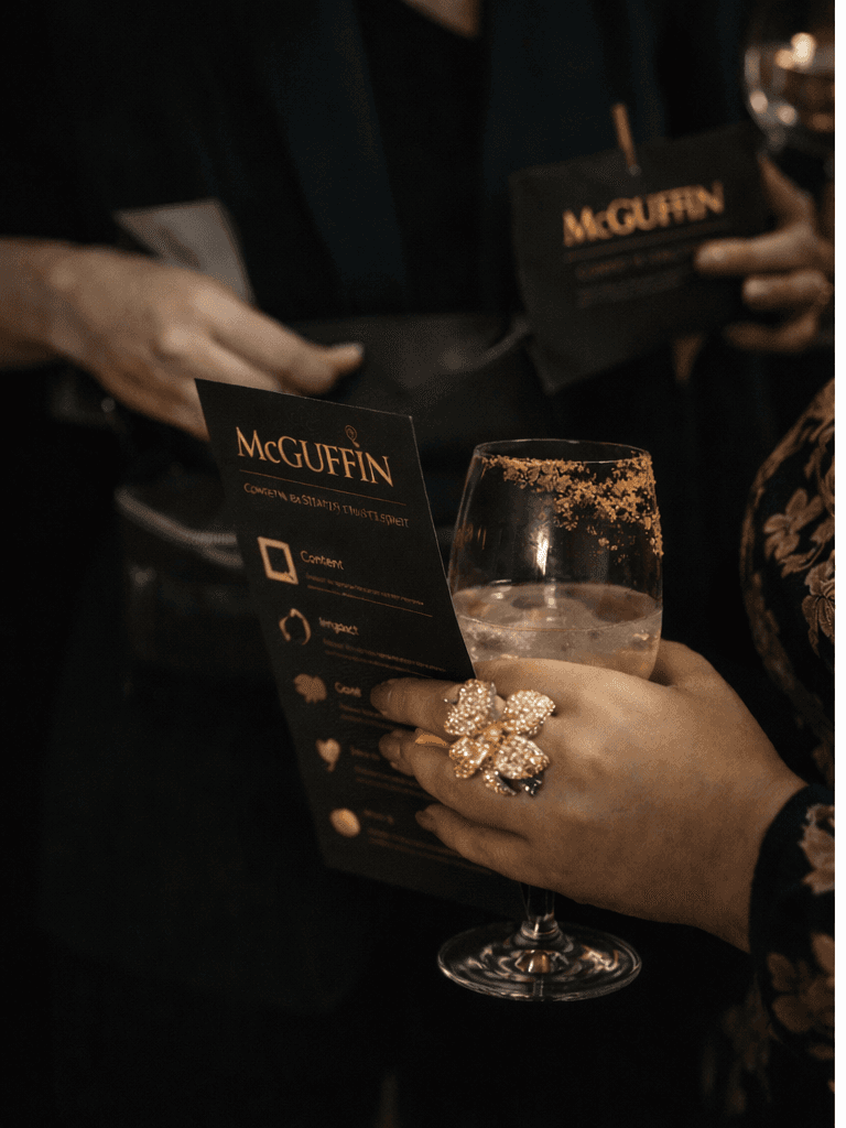 Mano con anello a fiore dorato che tiene un cocktail e un menu nero McGuffin.