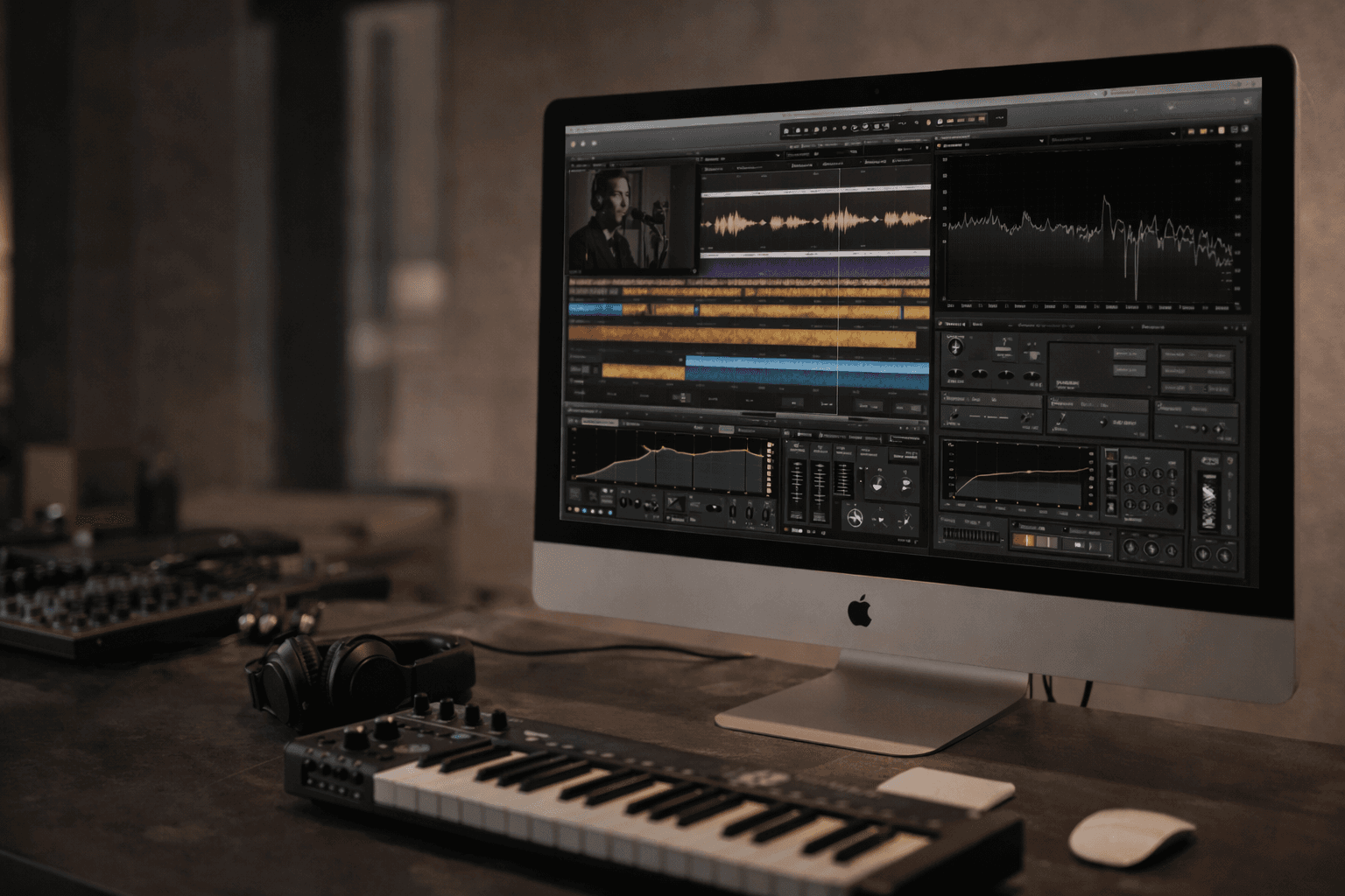 Monitor iMac con software audio, tastiera MIDI e cuffie professionali su una scrivania scura.