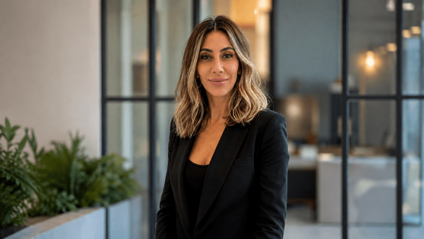 Donna professionale con capelli mossi e blazer nero in un ufficio luminoso con piante.