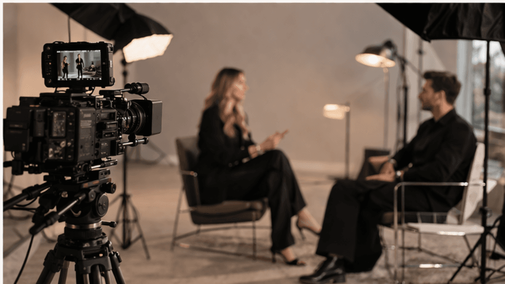 Telecamera professionale su treppiede che riprende un'intervista in uno studio televisivo con luci soffuse.
