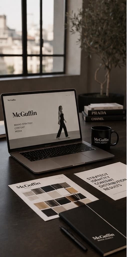Laptop con sito McGuffin Media Agency su scrivania con cancelleria coordinata, libri e tazza nera.