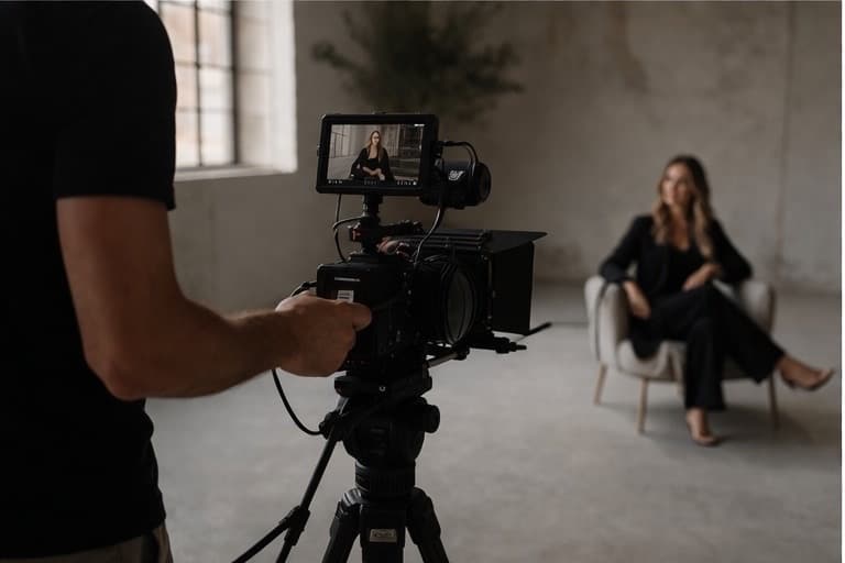 Cameraman riprende una donna in abito nero, inquadrata sul monitor di una telecamera professionale.