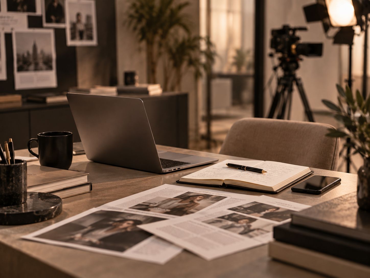 Scrivania con laptop, taccuino aperto e riviste in uno studio cinematografico con telecamera sullo sfondo.