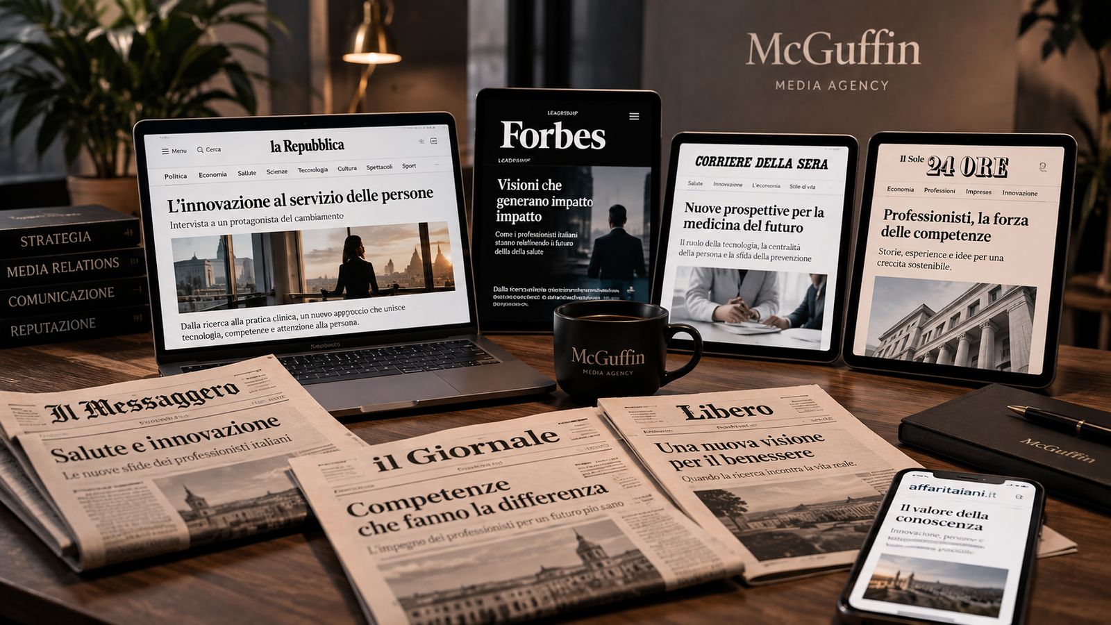 Dispositivi digitali e giornali italiani su una scrivania in legno con tazza di caffè McGuffin.
