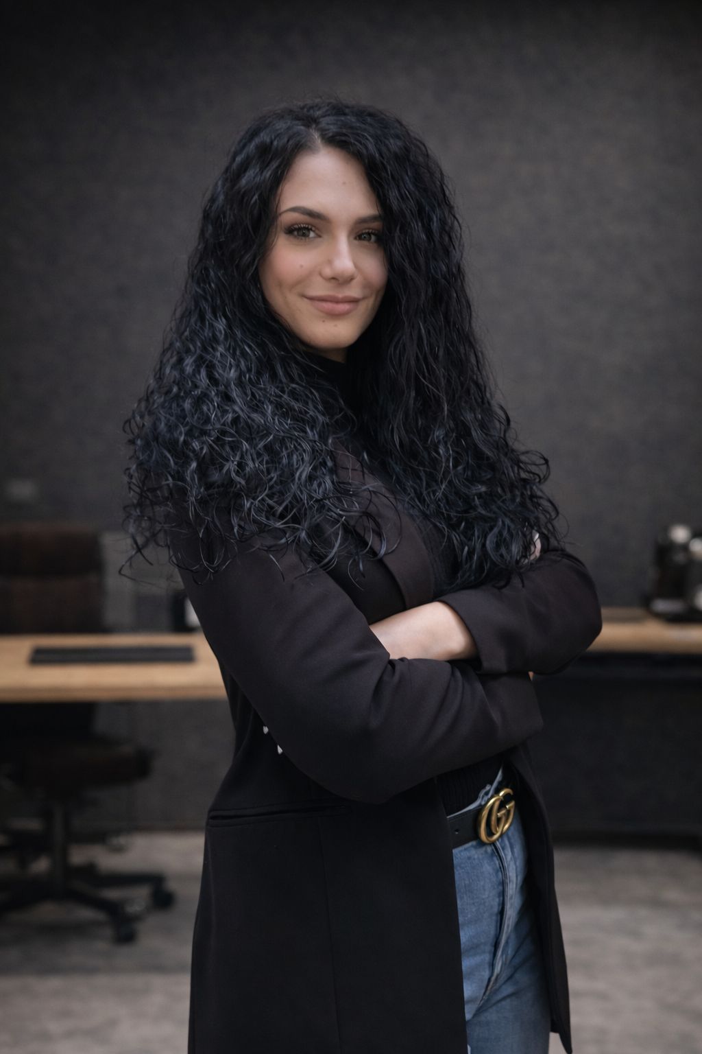 Donna con lunghi capelli ricci neri e blazer nero posa con braccia incrociate in ufficio.
