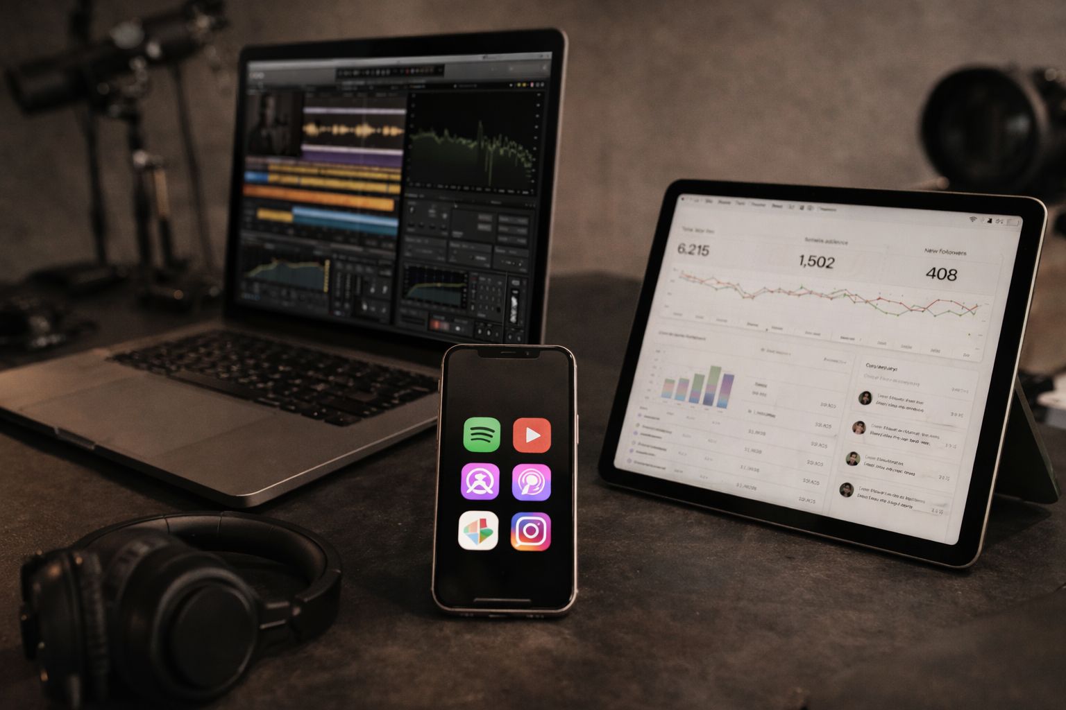 Laptop, tablet e smartphone con app di editing e analisi dati su una scrivania.