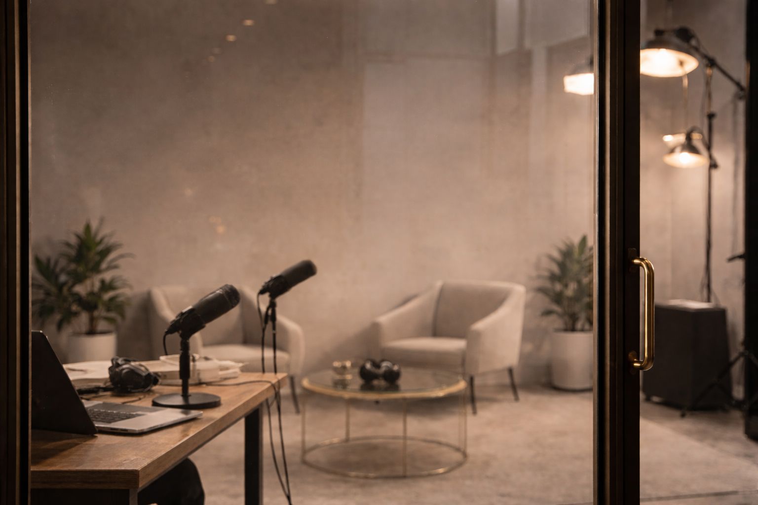 Studio podcast moderno con microfoni, poltrone e piante visto attraverso una porta a vetri.