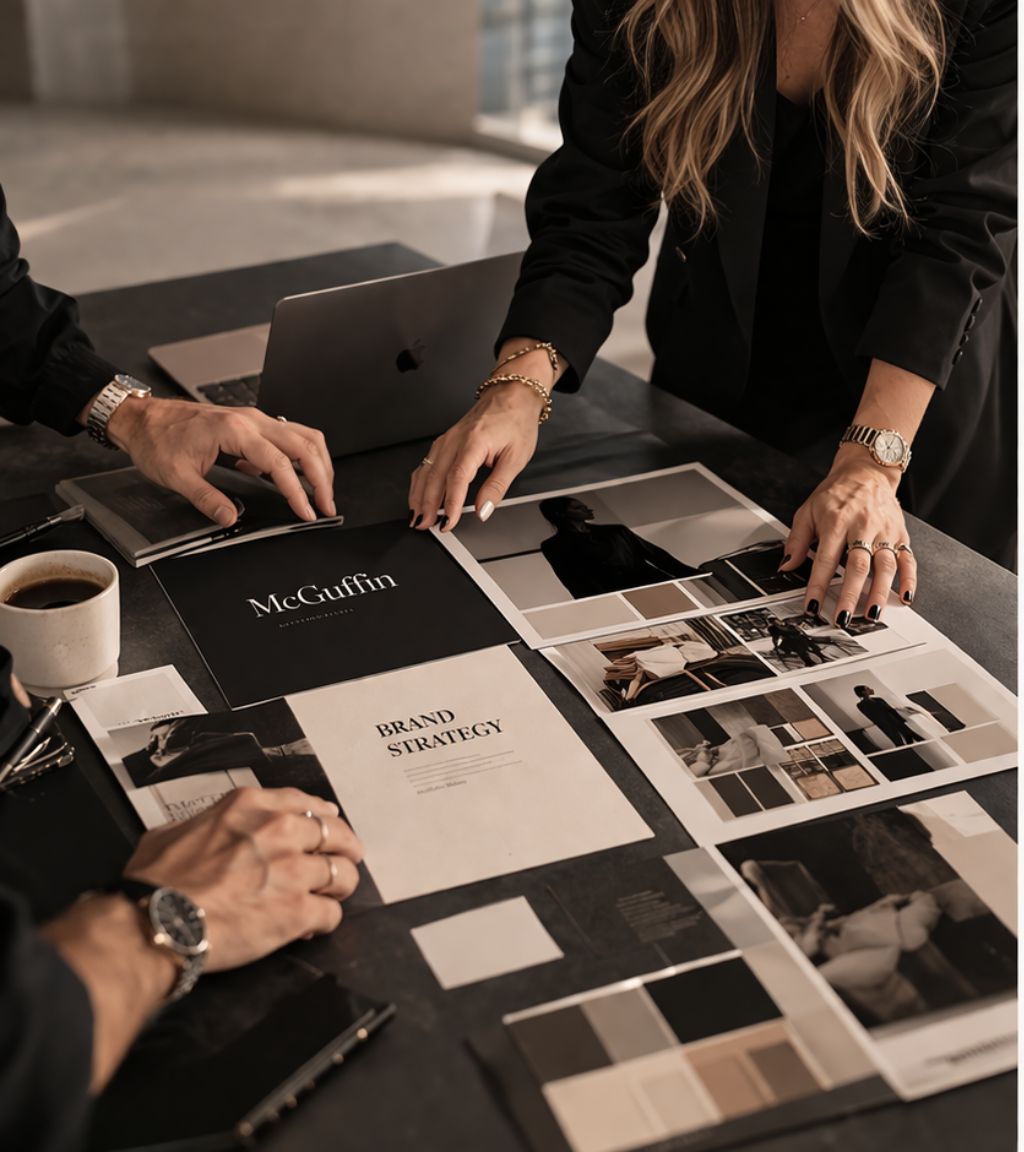 Professionisti che esaminano documenti di brand strategy e moodboard fotografici su un tavolo da lavoro.