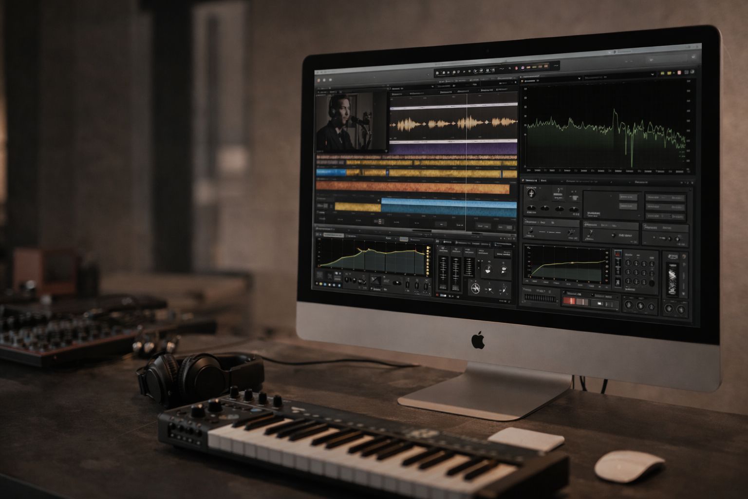 Monitor iMac con software audio, tastiera MIDI e cuffie professionali su una scrivania scura.